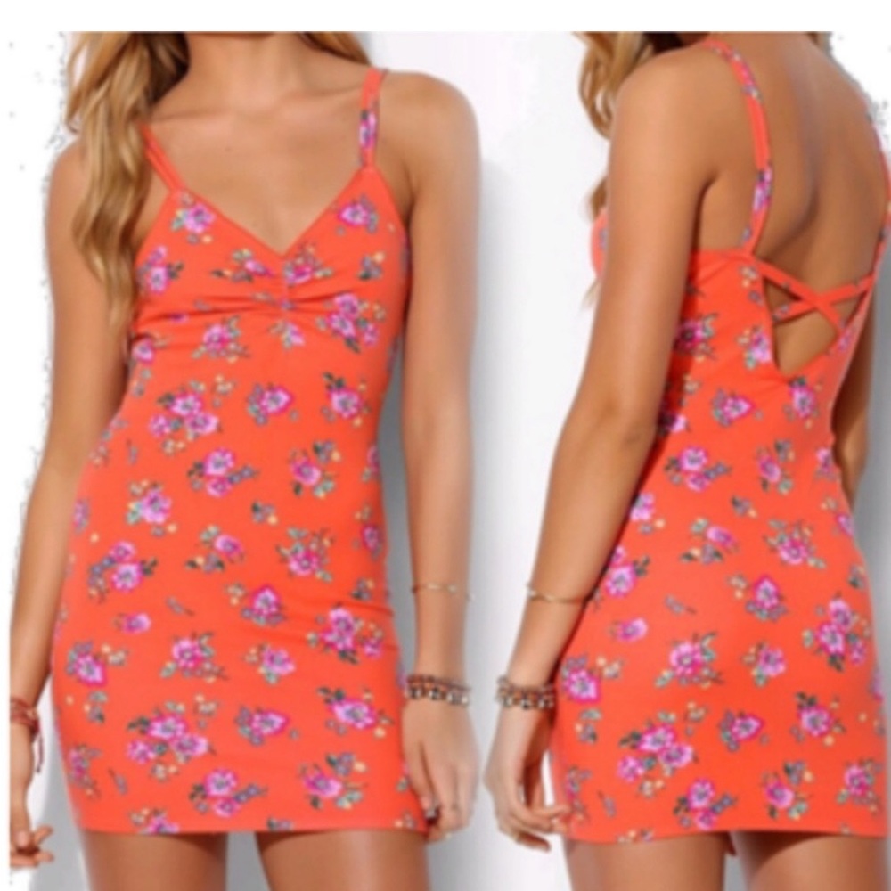 Urban Outfitters- Kimchi Blue Vibrant Orange and Pink Floral Mini Dress - Picture 1 of 6